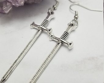 Orecchini pendenti a forma di spada in argento, gioielli Fantasycore