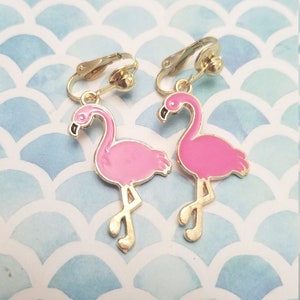 Flamingo Pink Earrings, Gold Plated Clip On Tropical Earrings, Cute Non Pierced Earrings for Girls, Dangling Small Animal Earrings