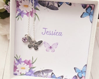 Butterfly necklace, Personalized Butterfly Charm necklace, Birthday Birthstone charm necklace, gift for girls, Butterfly jewelry, birthstone