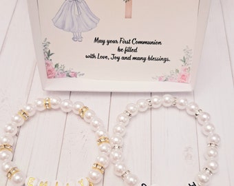 First Communion gift, First Communion bracelet, Catholic gift, Christening gift, name bead bracelet, letter bracelet