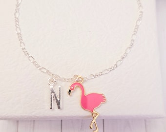 Flamingo Charm Bracelet: Personalized Initial, Silver Chain