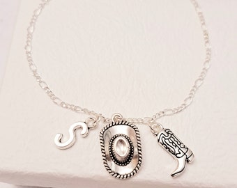 Cowgirl Charm Bracelet: Western Boot & Hat, Initial Charm