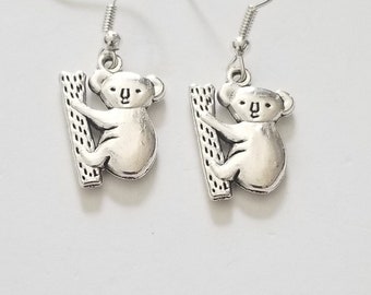 Silver Plated Koala Bear Earrings, Tiny Animal Silver Dangle Charm Earrings for Girls and Teens, Koala Earrings for Women