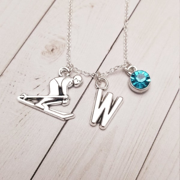 Custom initial skier charm necklace, ski lodge vacation gift, downhill skiing pendant, personalized gift for her, birthstone necklace