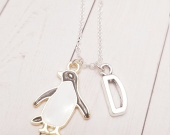 Silver penguin charm necklace, Custom initial birthstone necklace gift for her, Penguin lover Birthday gift, personalized kids jewelry