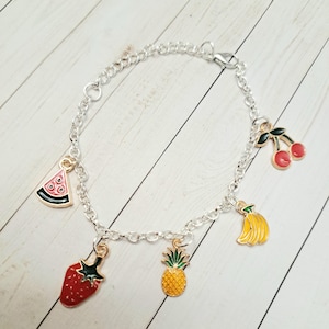 Fruit charm bracelet, Cute strawberry charm bracelet, Fruit pendant, Fruit bracelet, silver charm bracelet, cherry charm bracelet, kawaii