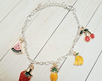 Silver Fruit Charm Bracelet: Strawberry, Watermelon, Banana, Cherry & Pineapple