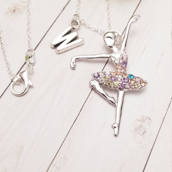 Personalized kids initial ballerina charm necklace, ballet dancer pendant necklace, dance recital gift, Christmas dancing lover jewelry gift