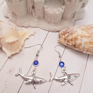 Silver Shark Earrings: Blue Crystal Charm, Ocean Jewelry