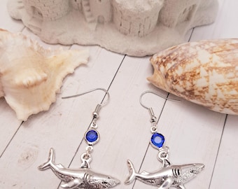 Silber Hai Ohrringe mit Blauer Kristall Anhänger, Ocean Schmuck