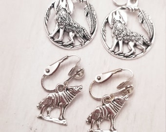Wolf Clip On Earrings: Silver Tone Non Pierced Jewelry