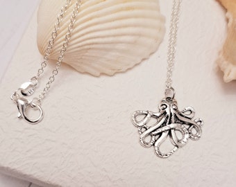 Sterling Silver Octopus Necklace: Marine Life Ocean Jewelry