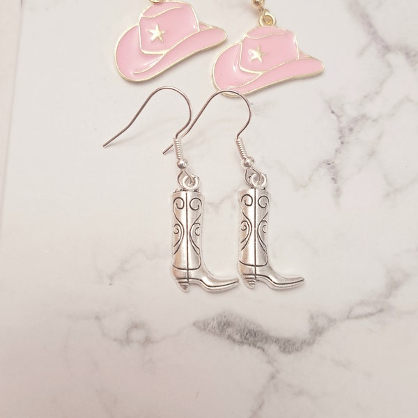 Pink Cowgirl Hat & Boot earrings, Country Western themed earrings, 2 pair Cowboy dangle earrings, Party Accessories for line dancing outfit