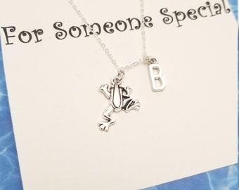 Silver Frog Necklace: Personalized Initial Charm, Animal Lover Gift