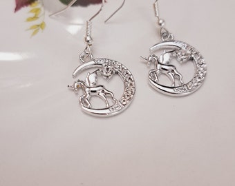 Unicorn dangle earrings, Fantasy mystical statement earrings, unicorn lover crescent moon hypoallergenic earrings gift