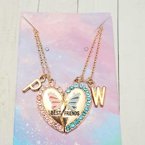 Best Friend Heart Necklace set, Butterfly custom initial necklaces blue pink BFF Christmas Birthday gift for her