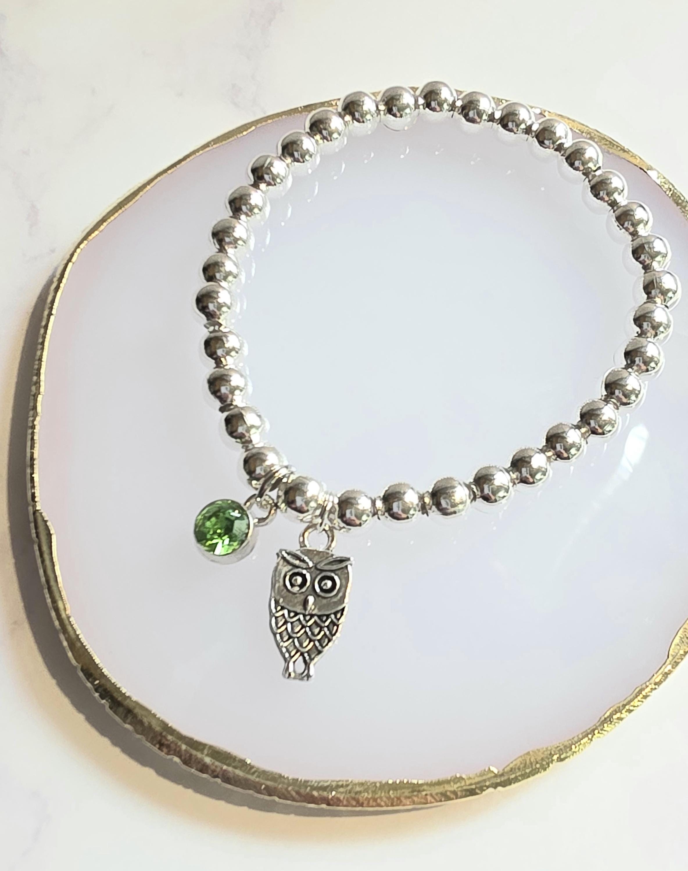 Silver Owl charm bracelet, Sterling Silver Bead bracelet, Owl pendant, Owl lover gift, bead bracelet