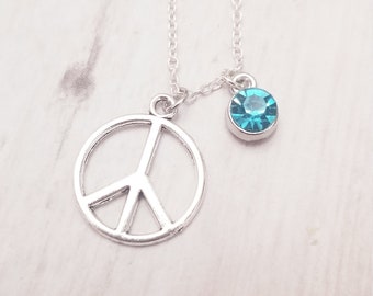 Peace sign necklace,peace necklace,birthstone necklace,birthday necklace,gift for her,name necklace