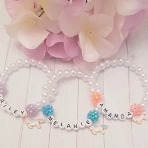 Pulsera con nombre para niños, pulsera con nombre de cuentas personalizada, pulsera con nombre de letras de cuentas, regalo de cumpleaños de unicornio, regalo de unicornio, regalo para hija