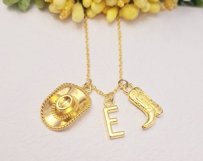 Gold Cowgirl Hat cowboy boot necklace, Cowgirl charm necklace, Western necklace, CowGirl jewelry, initial charm necklace, gold necklace