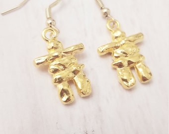 Inukshuk Earrings, Gold Plated Dangle Earrings, Delicate Inukshuk Jewelry Findings, Cool Trending Accssories