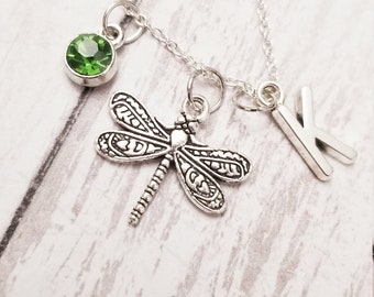 Bezel set birthstone dragonfly charm necklace, custom jewelry initial pendant dainty minimalist, dragonfly gift