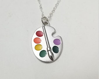 Paint palette silver charm necklace, painter artist gift, rainbow paint and brush charm, watercolourist gift