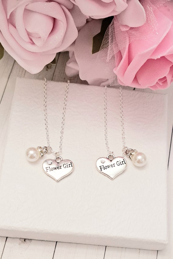 Flower Girl Heart Necklace: Pearl Wedding Jewelry Gift