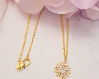 Gold Sunflower Charm Necklace: 925 Gold Chain Floral Pendant