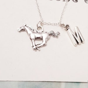 Sterling silver horse charm initial pendant necklace, name monogram horse lover jewelry gift