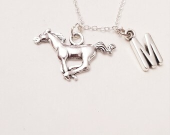 Sterling silver horse charm initial pendant necklace, name monogram horse lover jewelry gift
