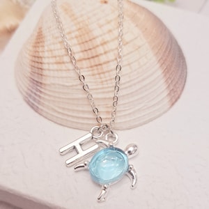 Sea Turtle Pendant Necklace, Turtle Initial Charm necklace, Ocean jewelry, Turtle Lover Gift