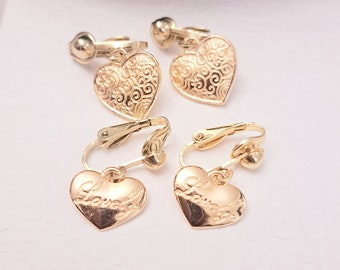 Gold Heart Clip On Earrings: Dangle Non Pierced Earrings