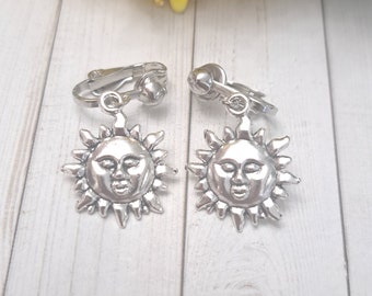 Silver clip-on earrings, sun dangle clip on earrings, non pierced earrings, clip in earrings, sun earrings