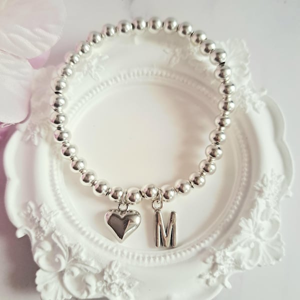 Sterling Silver Bead Bracelet: Puffed Heart Charm, Elegant Gift
