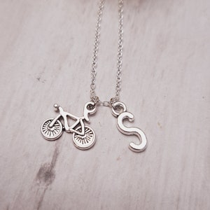 Bicycle Charm Necklace: Silver Initial Pendant, Cyclist Gift