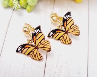 Monarch Butterfly Clip On Earrings: Gold Non Pierced Jewelry