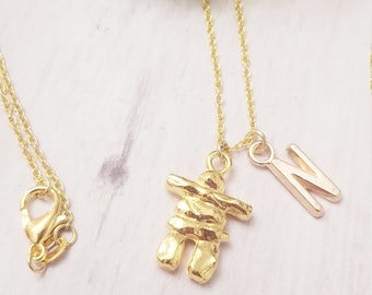Gold Inukshuk Necklace: Canadian Rock Charm, Initial Charm