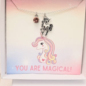 Collar de encanto de unicornio, collar de encanto de piedra de nacimiento personalizado de 18 pulgadas, fiesta de cumpleaños de unicornio, regalo de Navidad para ella, regalos únicos para niñas preadolescentes