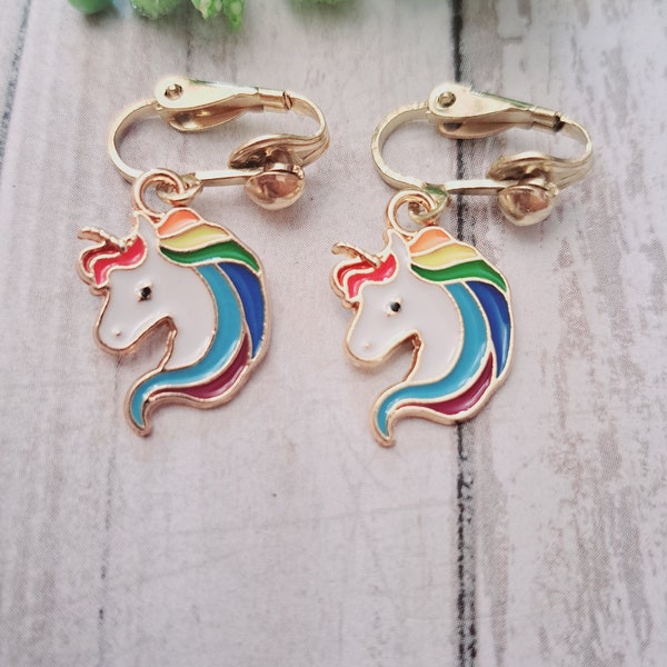 Unicorn clip on earrings, clip on earrings, non pierced earrings, gold clip in earrings, Unicorn Earrings