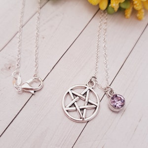 Birthstone Pentacle Charm necklace, 5 Elements Wiccan Jewelry, Spirit Faith Wicca Pentagram gift for her