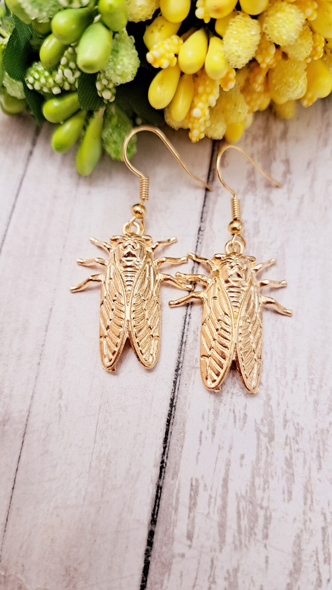Gold Cicada Dangle Earrings, Cicada Brood Bug Lover Jewelry, Insect