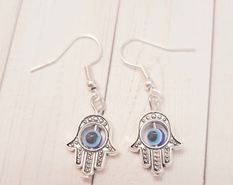 Hamsa hand earrings, evil eye earrings, silver dangle hamsa hand earrings, protection jewelry