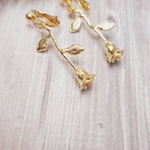 Gold clip on earrings, clip on earrings, non pierced earrings, rose earrings, gold clip on earrings