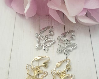 Butterfly Clip-On Earrings Set: Gold & Silver Dangle Charms