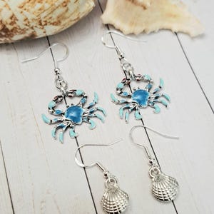 Blue Crab & Silver Shell Earrings: Ocean-Inspired Nautical Jewelry