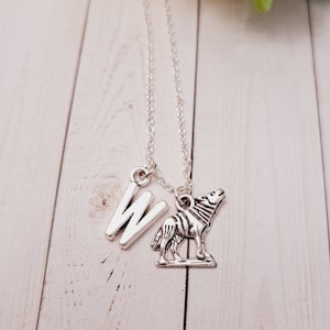 Wolf necklace, wolf jewelry, gift for her, birthday gift, personalized initial charm necklace, nature jewelry