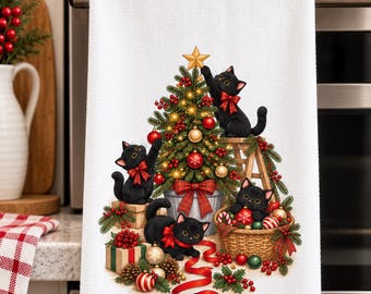 Toalla de cocina navideña con gatos negros, gatitos adorables decorando el árbol de Navidad, regalo festivo para amantes de los gatos, decoración navideña para la cocina.