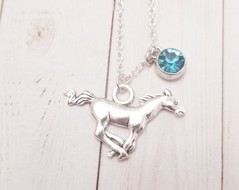 Horse necklace, silver horse necklace, birthstone necklace, birthstone charm necklace, horse gift, personalized gift