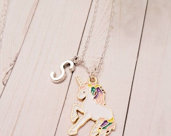 Custom intial charm necklace, magical birthday gift for girls, personalized children jewelry, unicorn themed gift for her